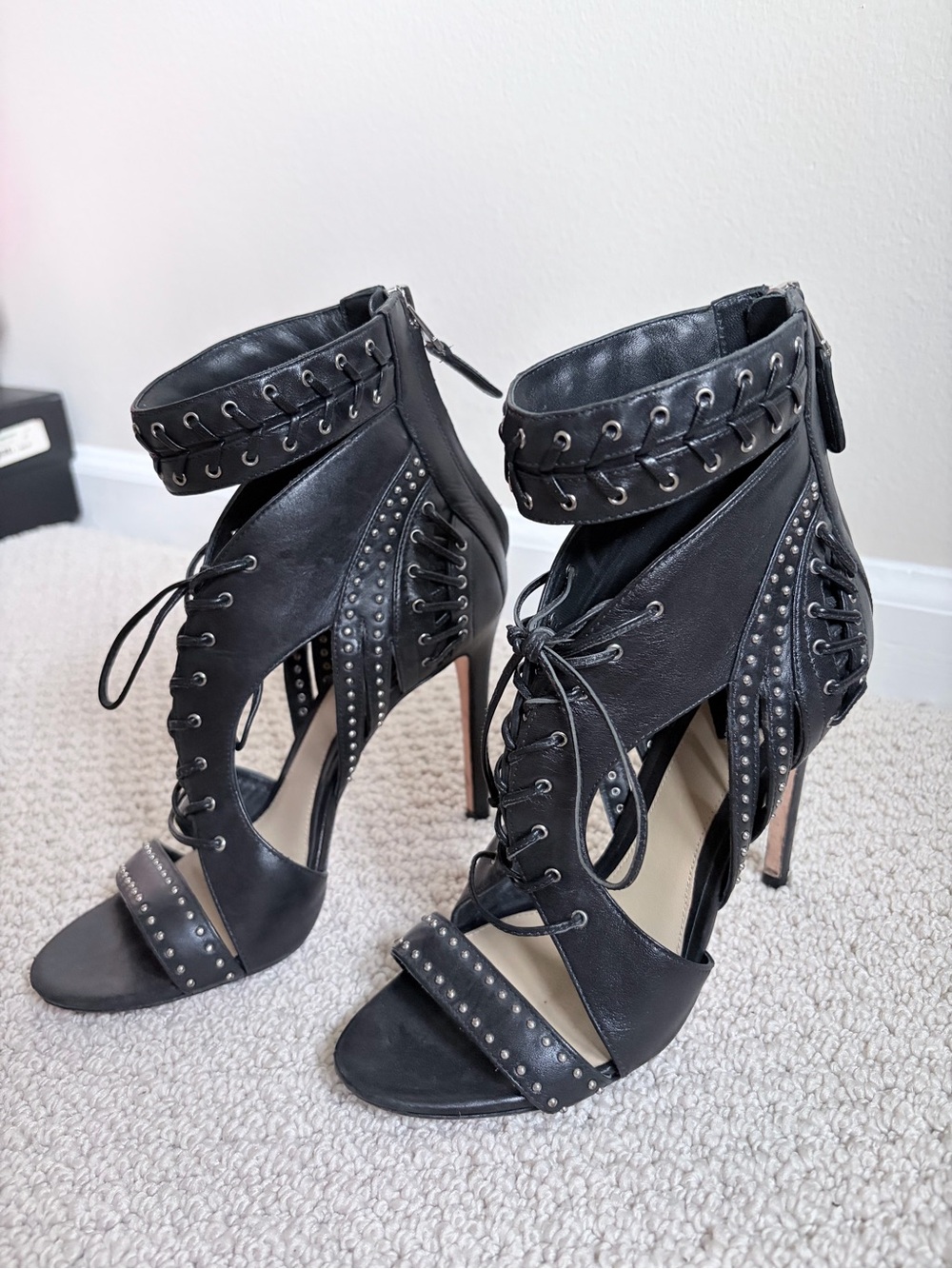 Brian Atwood Black Studded Lace-Up Gladiator Heels Size 6.5